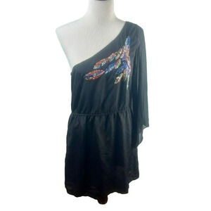 Angie One Shoulder Dress Women Large Black Mini Length Beaded Sequin Event LBD